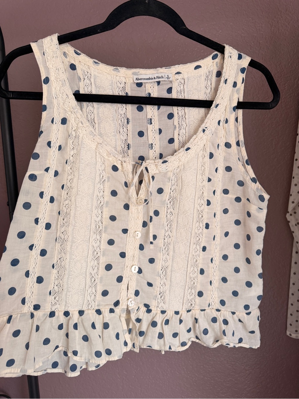 Abercrombie & Fitch Cream Tank with Blue Polka Dots & Lace Trim
